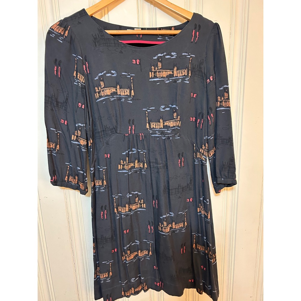 Boden London UK Novelty Print Whimsical Short Dress Gray Twee Travel Unique 6